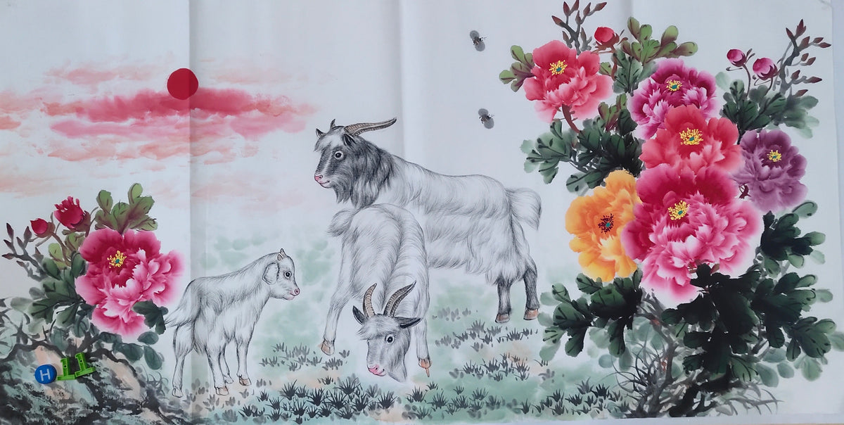 Chinese painting- Goats and peony flowers. Living room decoration.