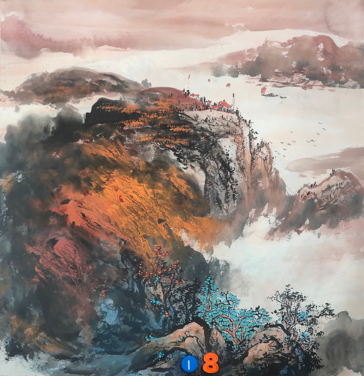 Chinese painting-Chinese landscape. Colorful Mountains and clouds. Living room decoration