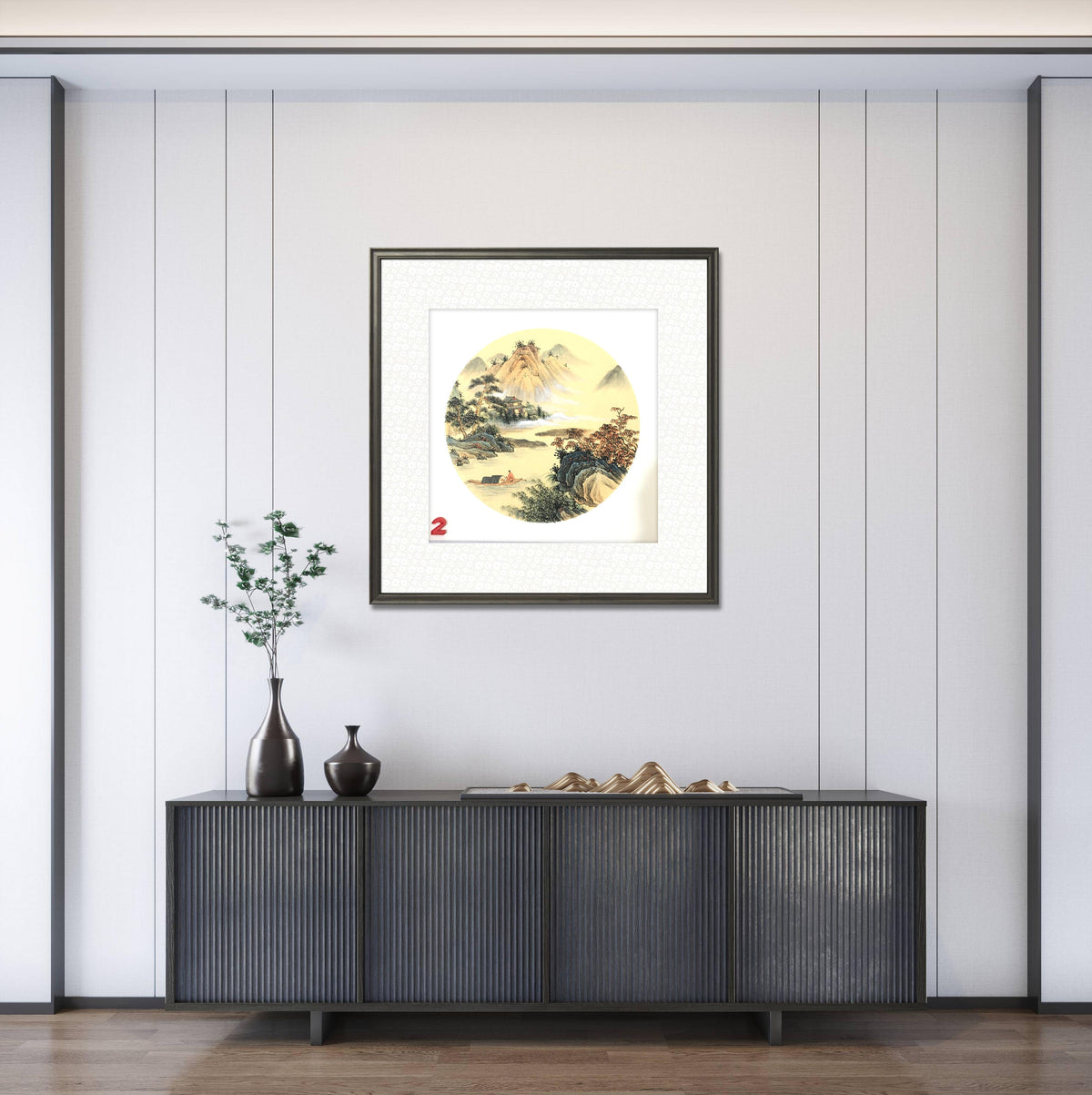Chinese realistic painting-detailed painting.  Mountains and rivers.   Painted on hard paper jam