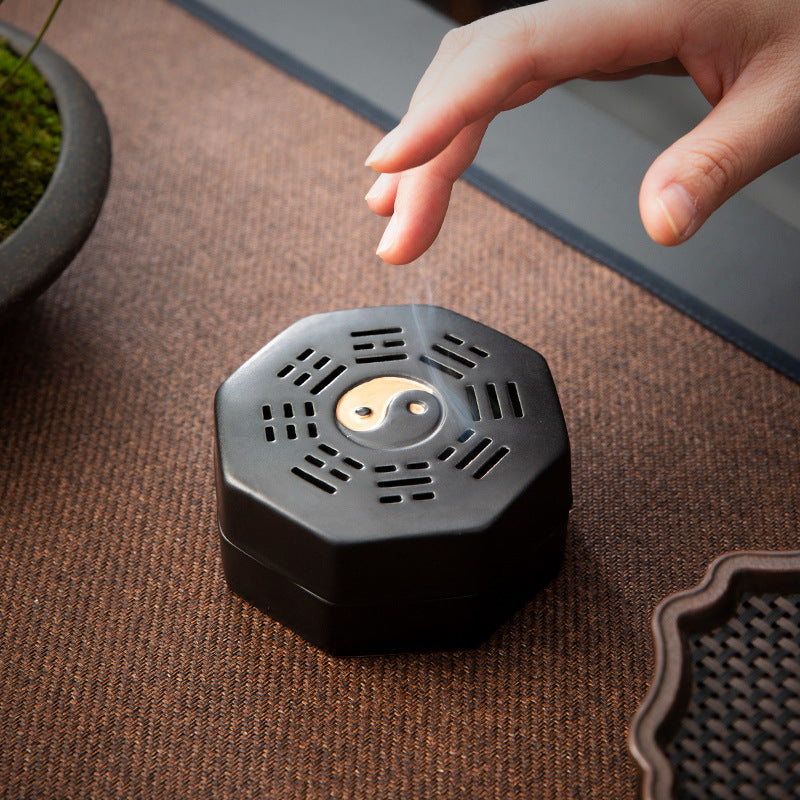 Incense Burner Sandalwood Stove Ceramic Elegant Black Glaze Eight-Diagram-Shaped Appetizer Incense Coil Burner4Hour Aromatherapy Household Indoor Incense Burner Seats