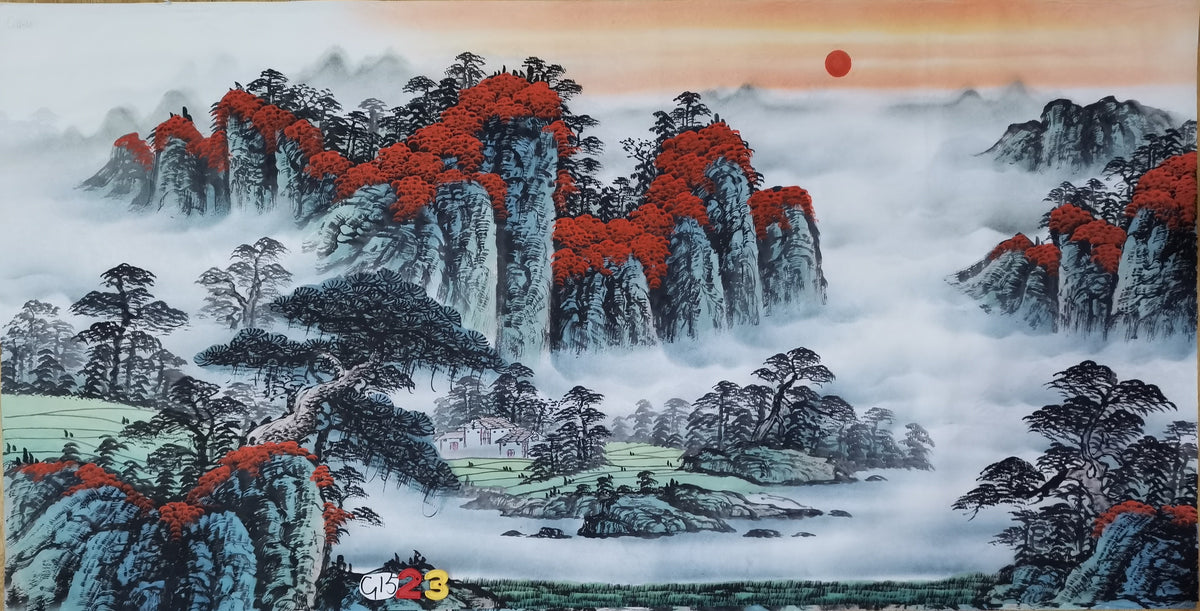 Chinese painting-landscape. Green a mountain and waterfall