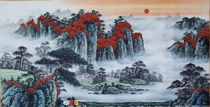 Chinese painting-landscape. Green a mountain and waterfall