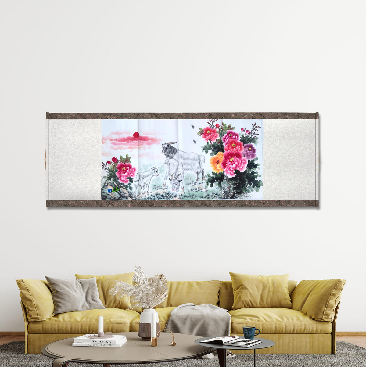 Chinese painting- Goats and peony flowers.   Living room decoration.