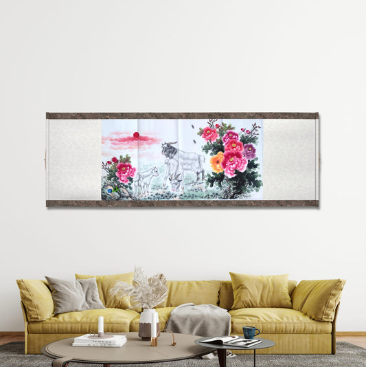 Chinese painting- Goats and peony flowers.   Living room decoration.
