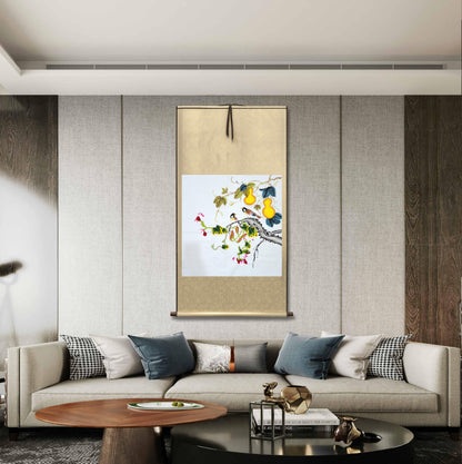Chinese painting-Plants.  Gourd and persimmon. Happiness and rich.  Bedroom decoration