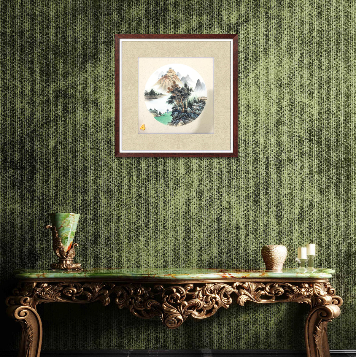 Chinese realistic painting-detailed painting.  Mountains and rivers.   Painted on hard paper jam