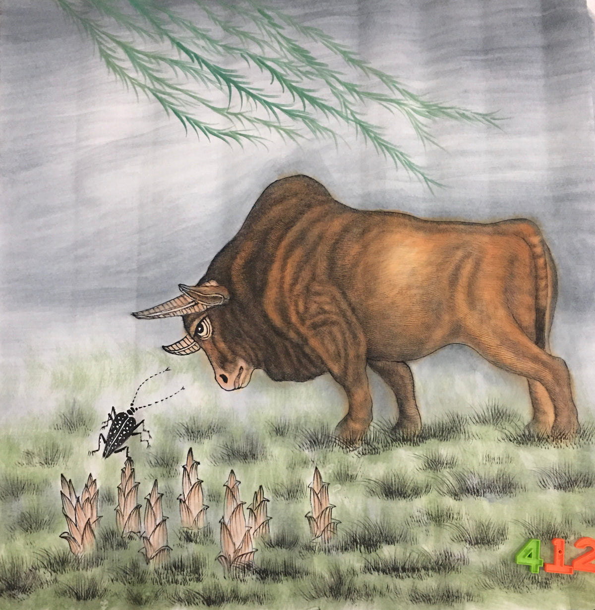 Chinese painting-cattle. ox, modesty and diligence, wealth and power.square painting, wall decoration