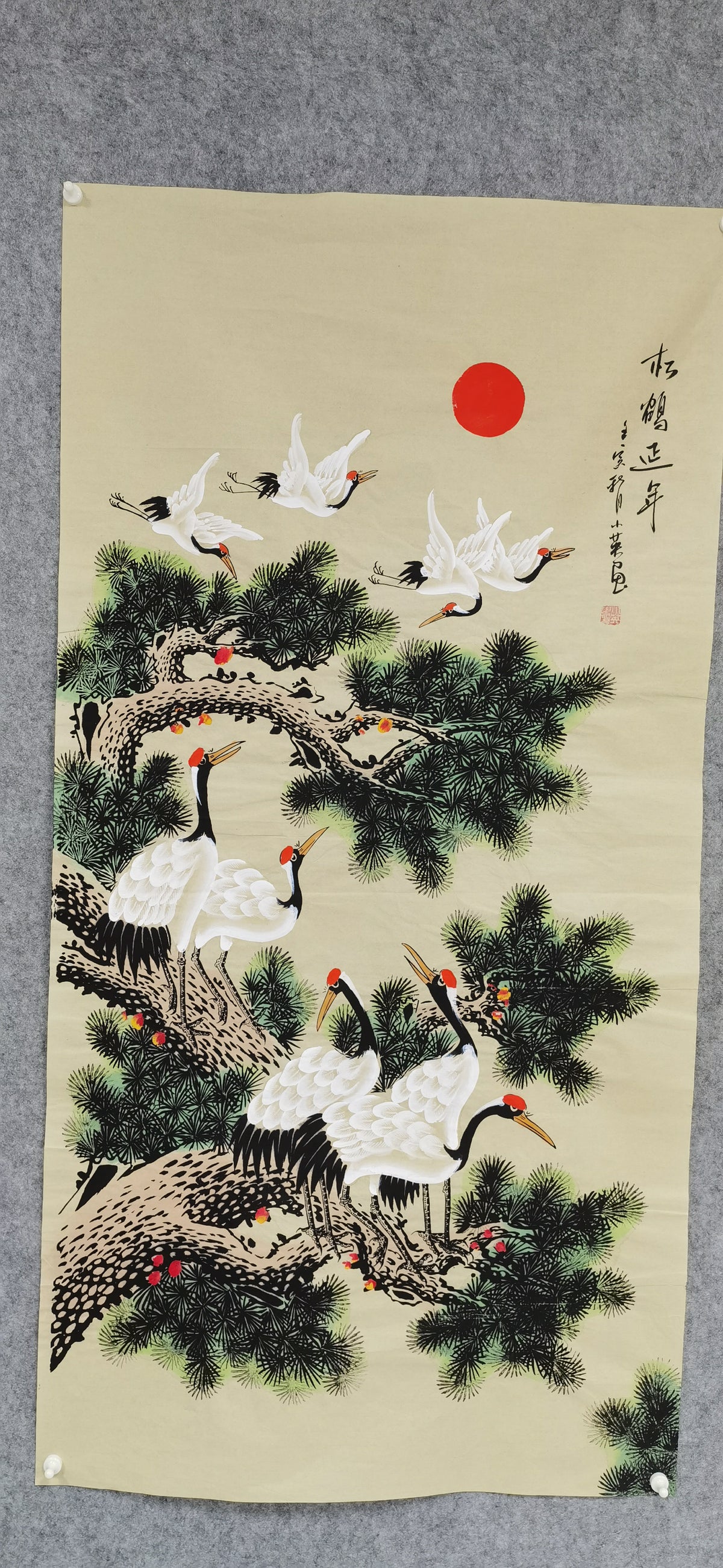Chinese painting——Pine tree and red-crowned crane, Live Long and Prosper. best gift for parents, grandparents and senior citizens,