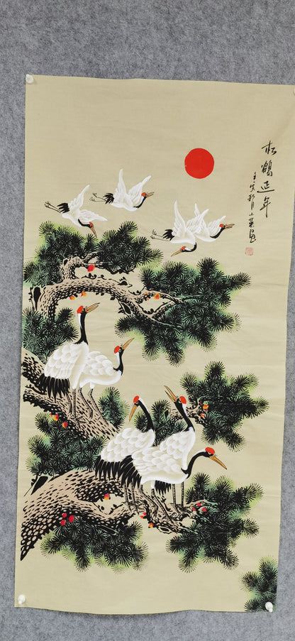Chinese painting——Pine tree and red-crowned crane, Live Long and Prosper. best gift for parents, grandparents and senior citizens,