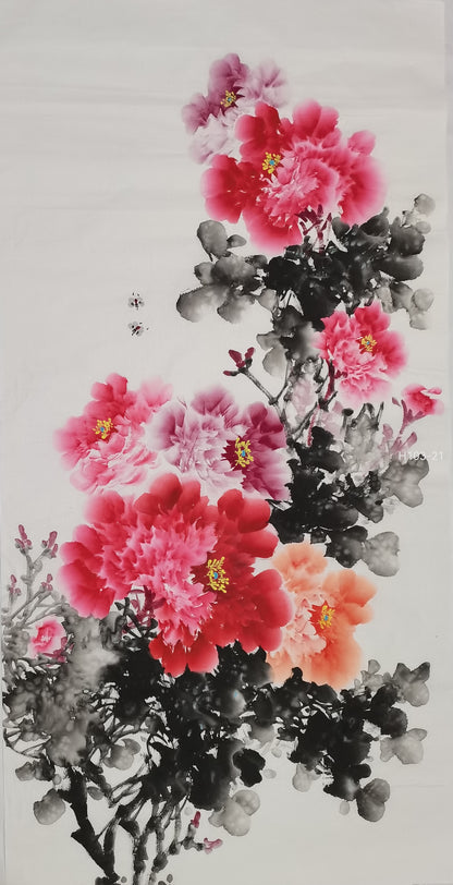 Chinese painting-peony flowers and bees.  Living room decoration