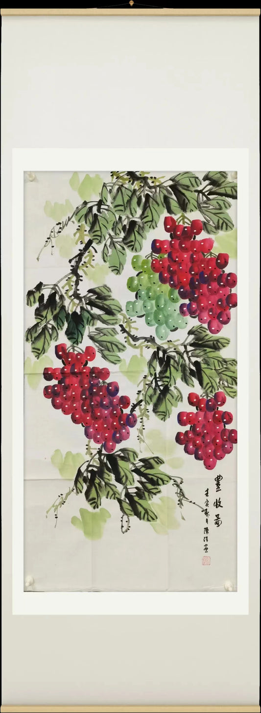 Chinese paiting- grapes.  bumper harvest, wish for more children and more happiness.Wedding gift. Gift for pregnant ladies and farmers.