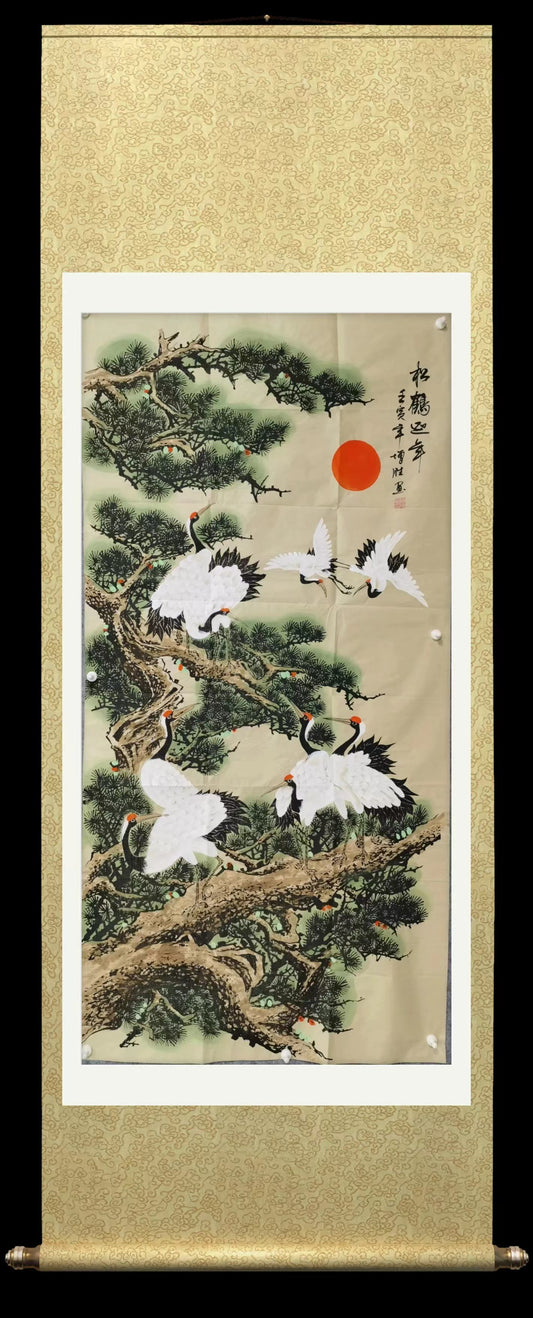 Chinese painting-pine trees and red-crowned crane,  Live Long and Prosper. best gift for parents, grandparents and senior citizens.