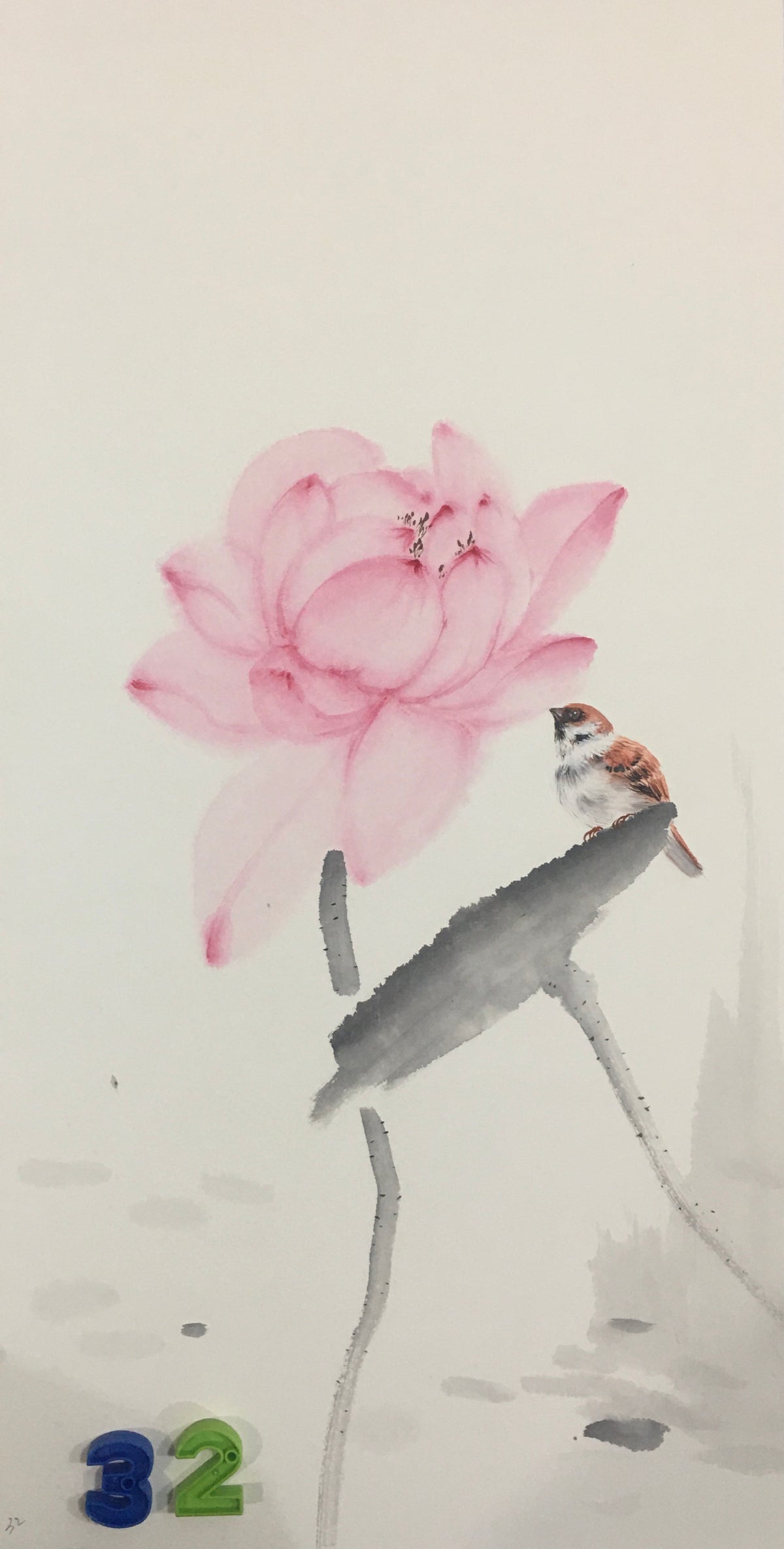 Chinese realistic painting-detailed painting.  Lotus and birds.