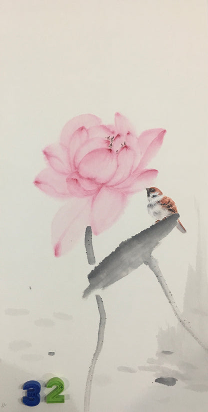 Chinese realistic painting-detailed painting.  Lotus and birds.