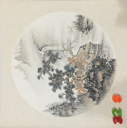 Chinese realistic painting-detailed painting.  Trees on the cliffs .   Painted on hard paper jam