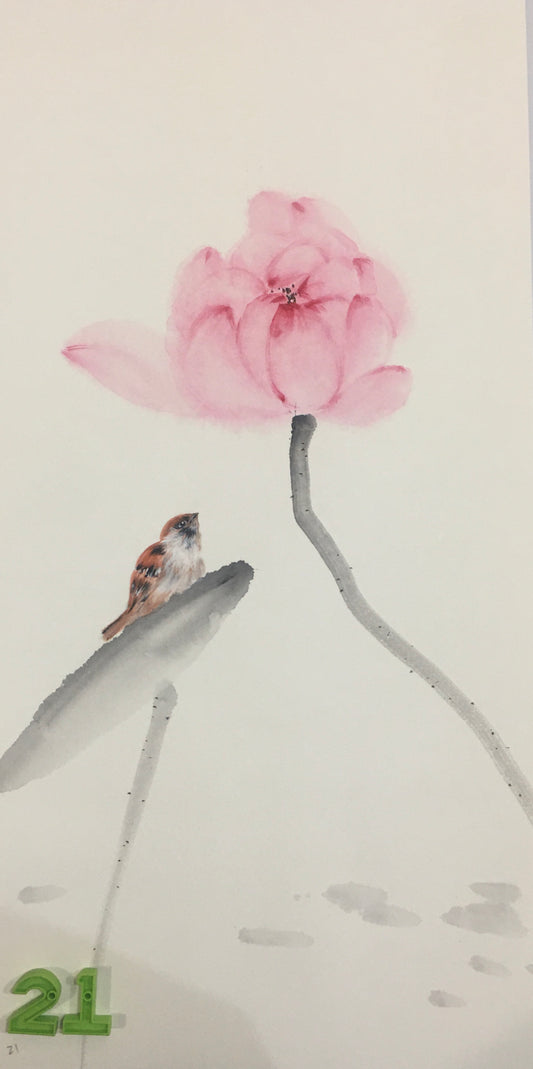 Chinese realistic painting-detailed painting.  Lotus and birds.