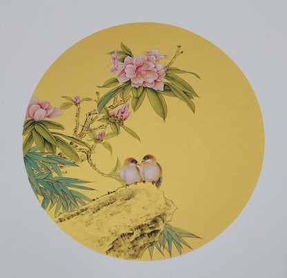 Chinese realistic painting-detailed painting.  Flowers and birds.   Painted on hard paper jam