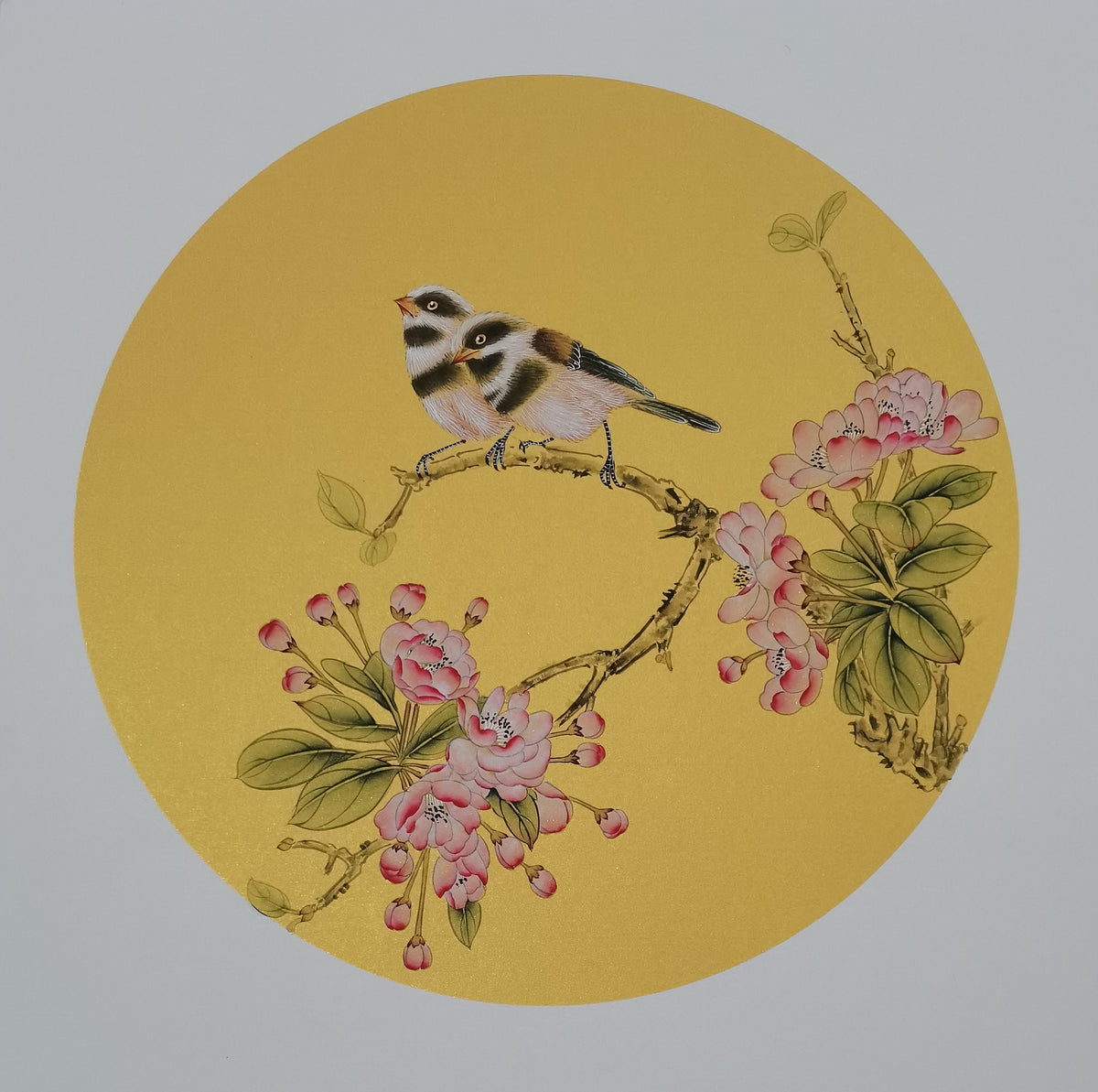 Chinese realistic painting-detailed painting.  Flowers and birds.   Painted on hard paper jam