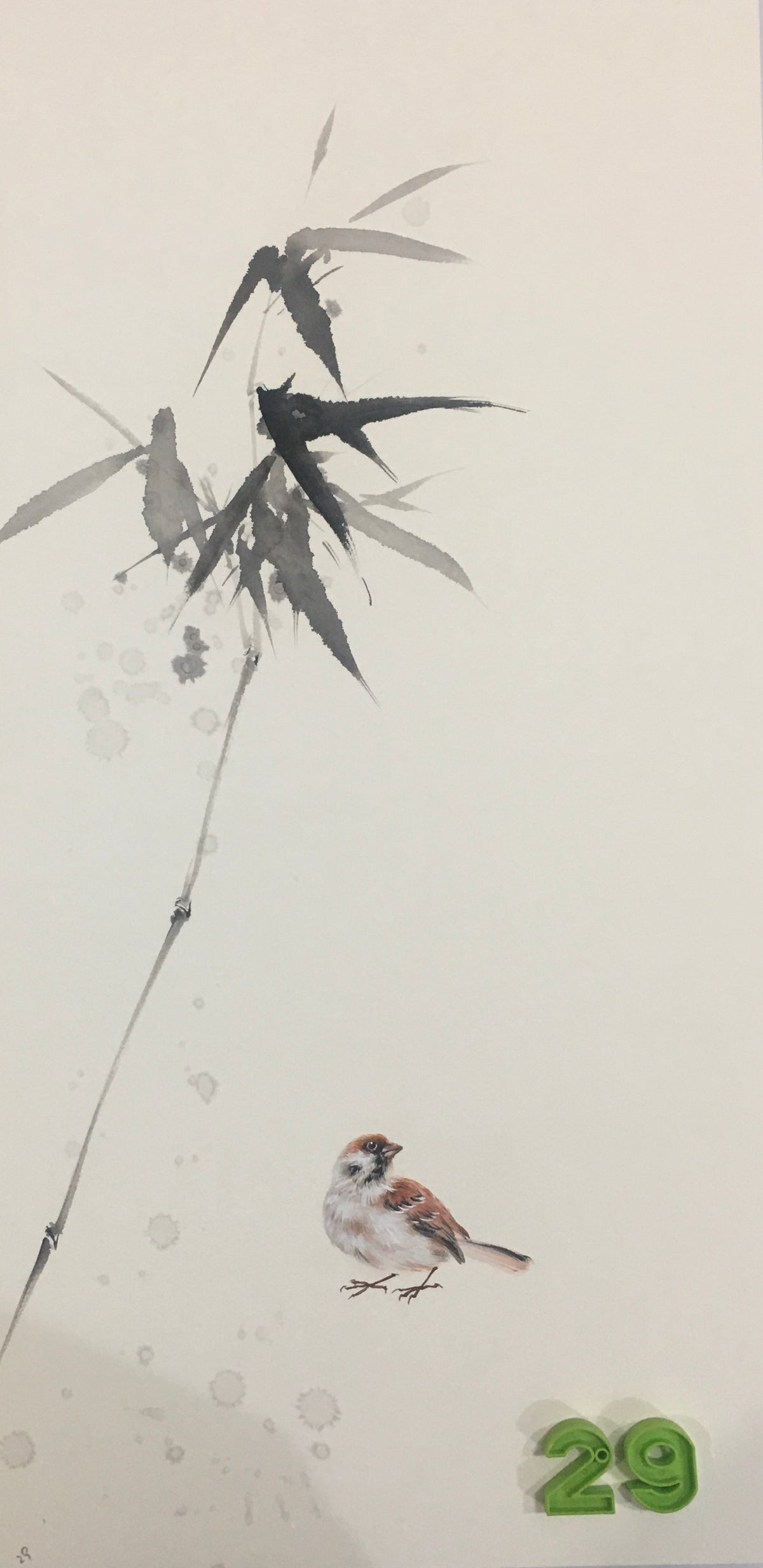 Chinese realistic painting-detailed drawing.   Painted on hard paper jam. Birds and bamboo  Living room decoration