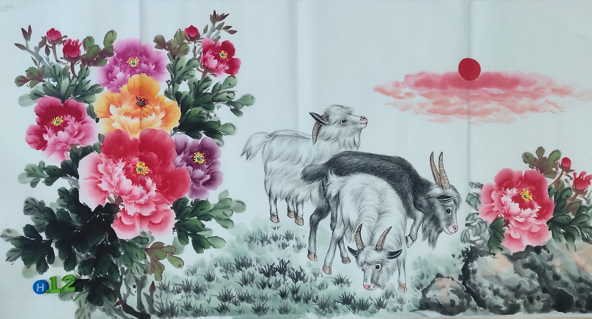 Chinese painting- Goats and peony flowers.   Living room decoration.