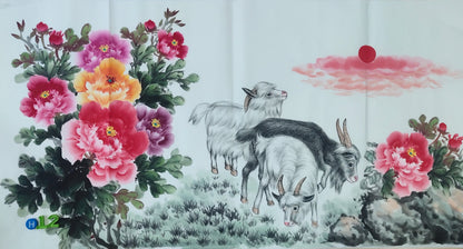 Chinese painting- Goats and peony flowers.   Living room decoration.