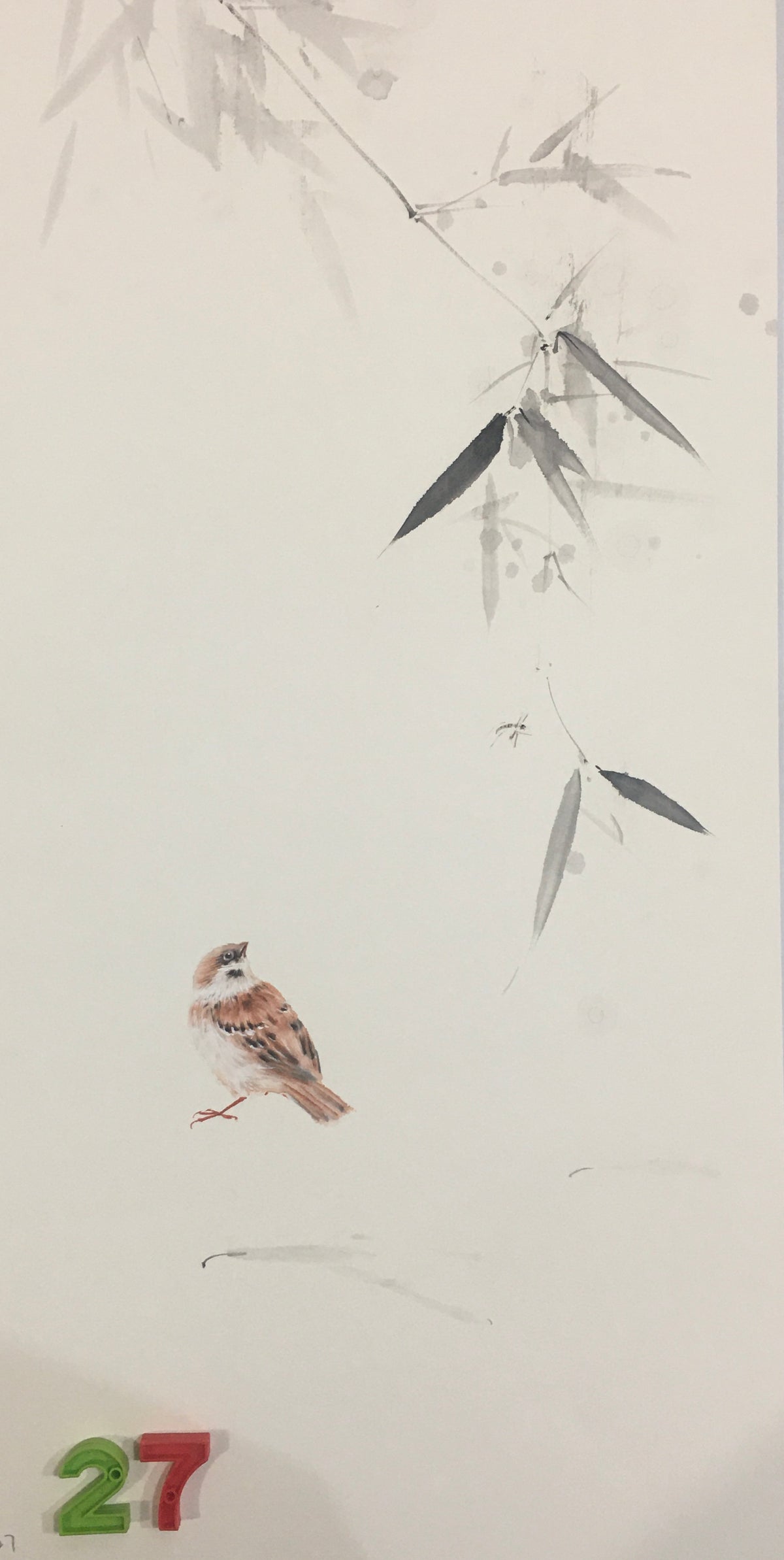 Chinese realistic painting-detailed drawing.   Painted on hard paper jam. Birds and bamboo  Living room decoration