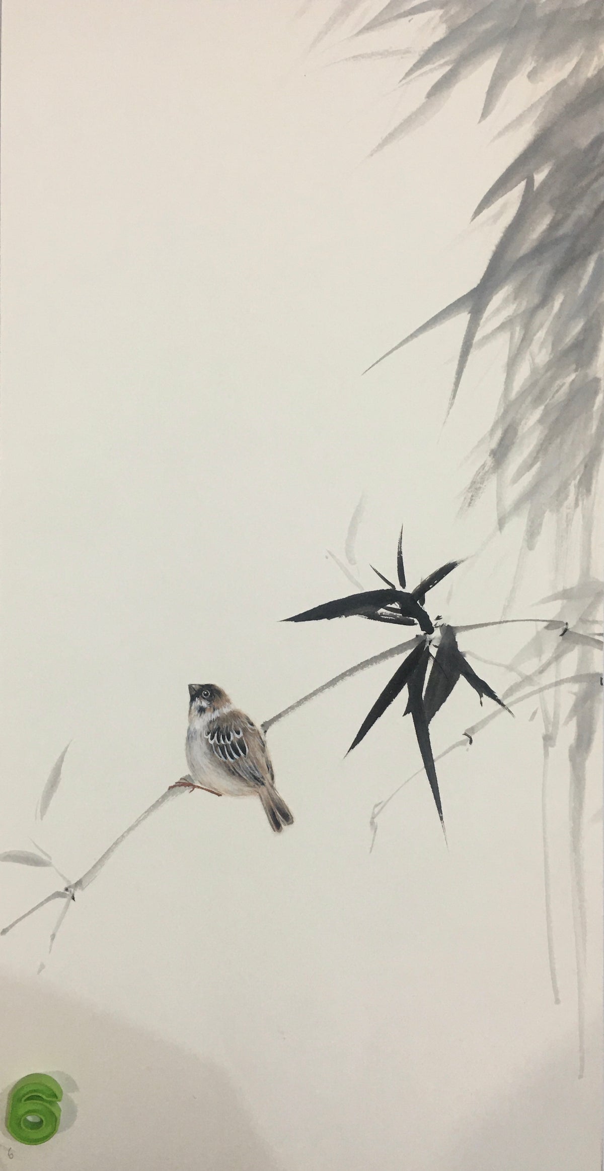 Chinese realistic painting-detailed drawing.   Painted on hard paper jam. Birds and bamboo  Living room decoration