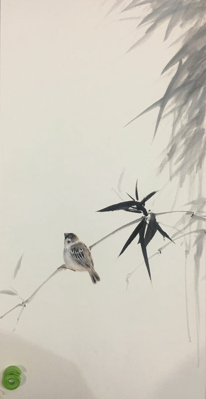 Chinese realistic painting-detailed drawing.   Painted on hard paper jam. Birds and bamboo  Living room decoration
