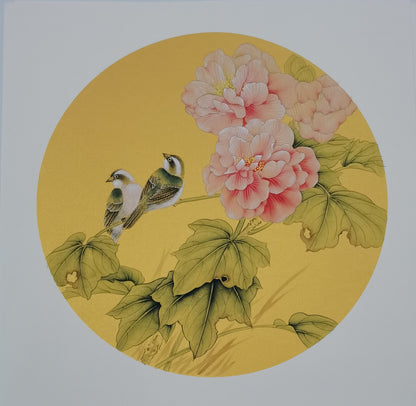 Chinese realistic painting-detailed painting.  Flowers and birds.   Painted on hard paper jam
