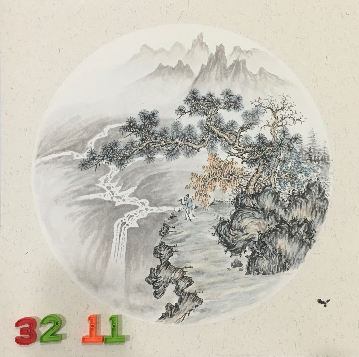 Chinese realistic painting-detailed painting.  Trees on the cliffs .   Painted on hard paper jam