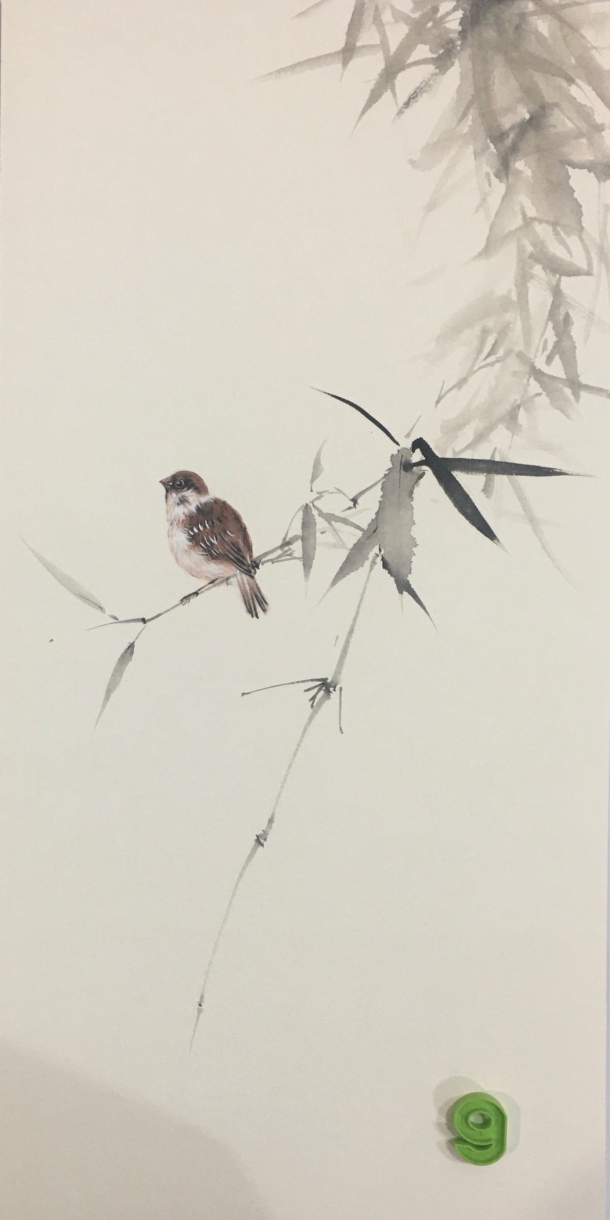 Chinese realistic painting-detailed drawing.   Painted on hard paper jam. Birds and bamboo  Living room decoration