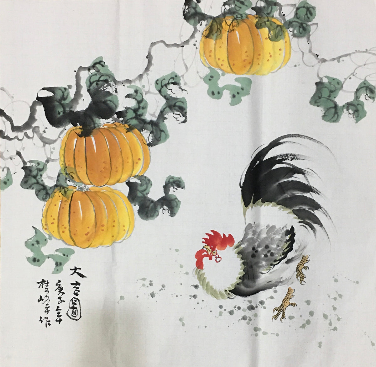 Chinese painting-Plants.  Gourd and persimmon. Happiness and rich.  Bedroom decoration