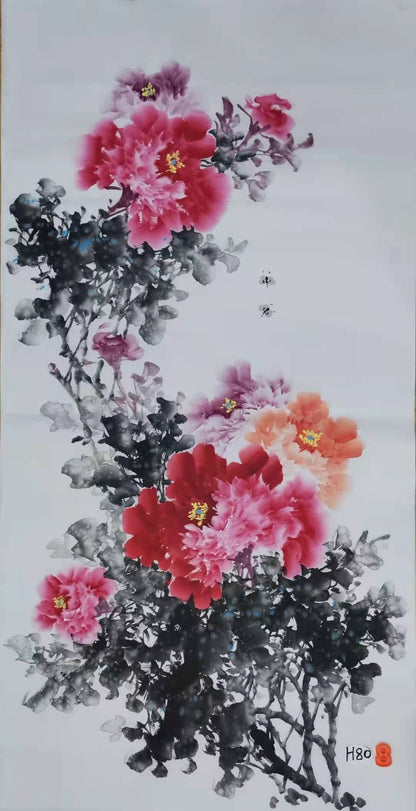 Chinese painting-peony flowers and bees.  Living room decoration