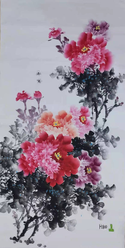 Chinese painting-peony flowers and bees.  Living room decoration