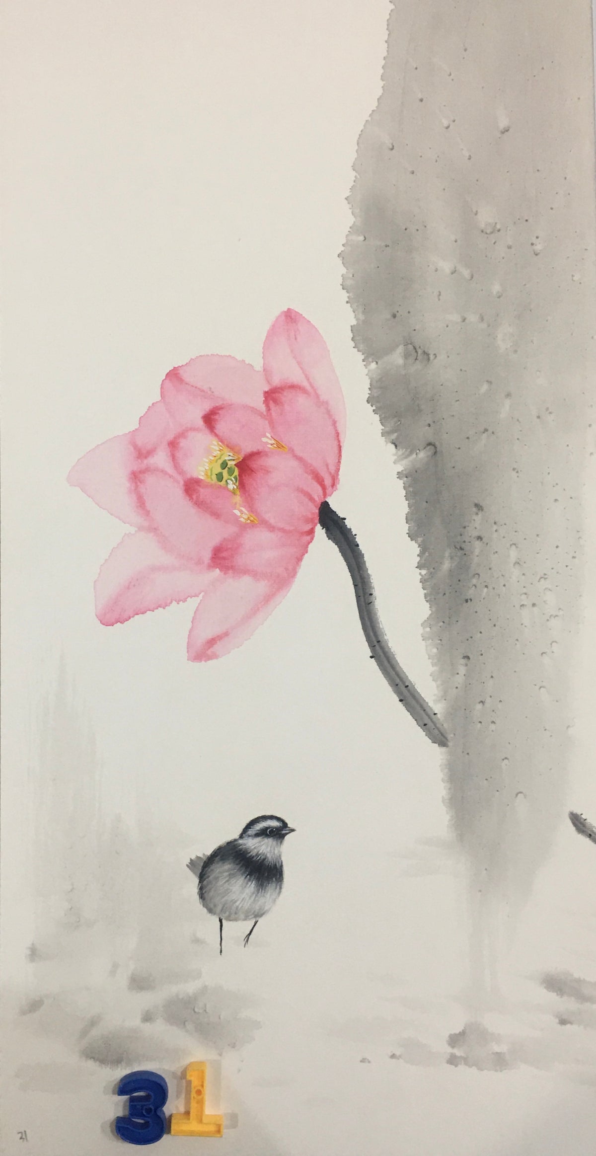 Chinese realistic painting-detailed painting.  Lotus and birds.