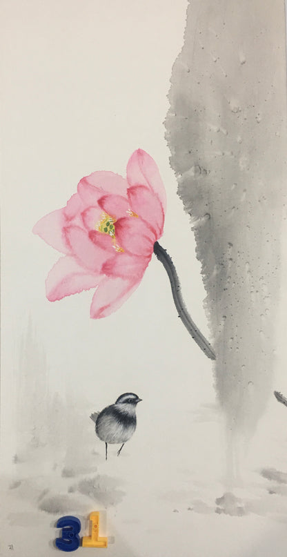 Chinese realistic painting-detailed painting.  Lotus and birds.