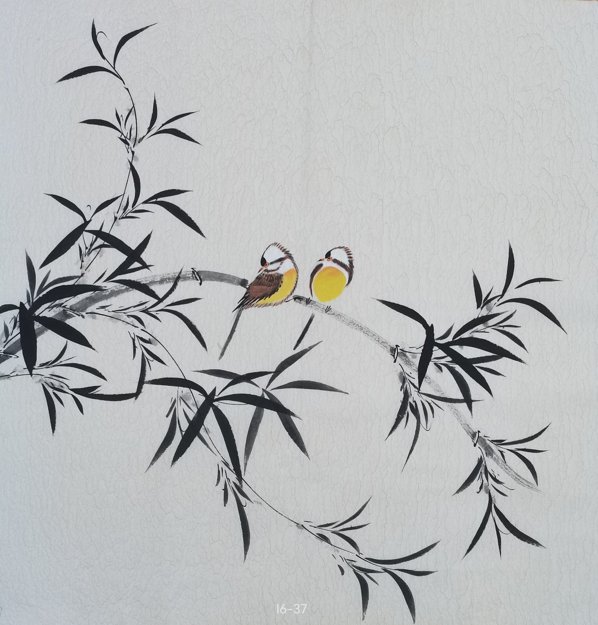 Chinese painting-Plant. Leaves and birds. Study decoration.